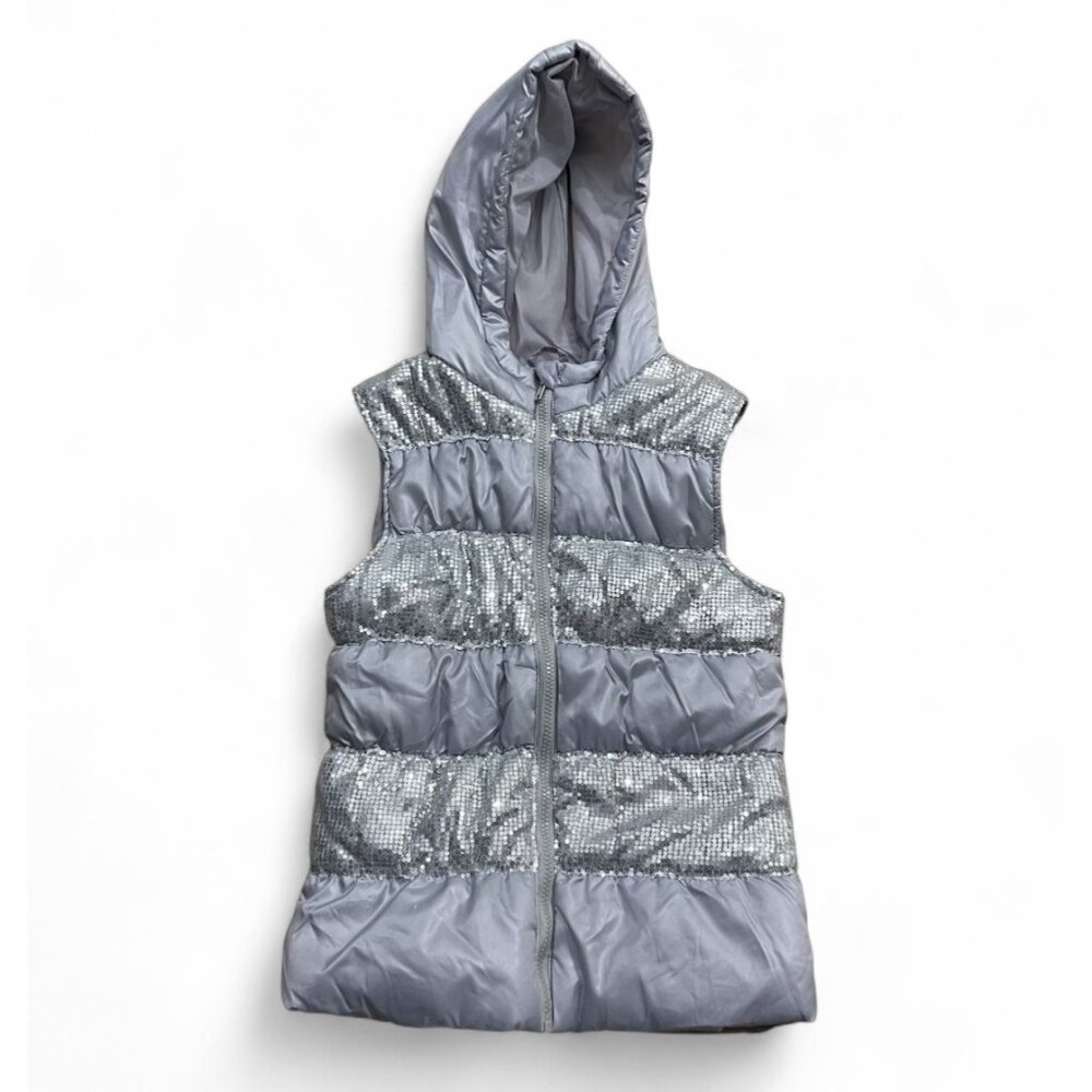 HeartSoul Girl Silver Hooded Puffer Vest XL With Sequined Accents Polyester